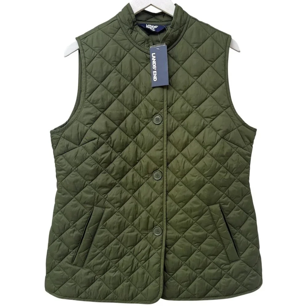 LANDS END Womens Quilted Vest Medium Olive Green Button Front Utility Preppy NWT - Picture 1 of 10